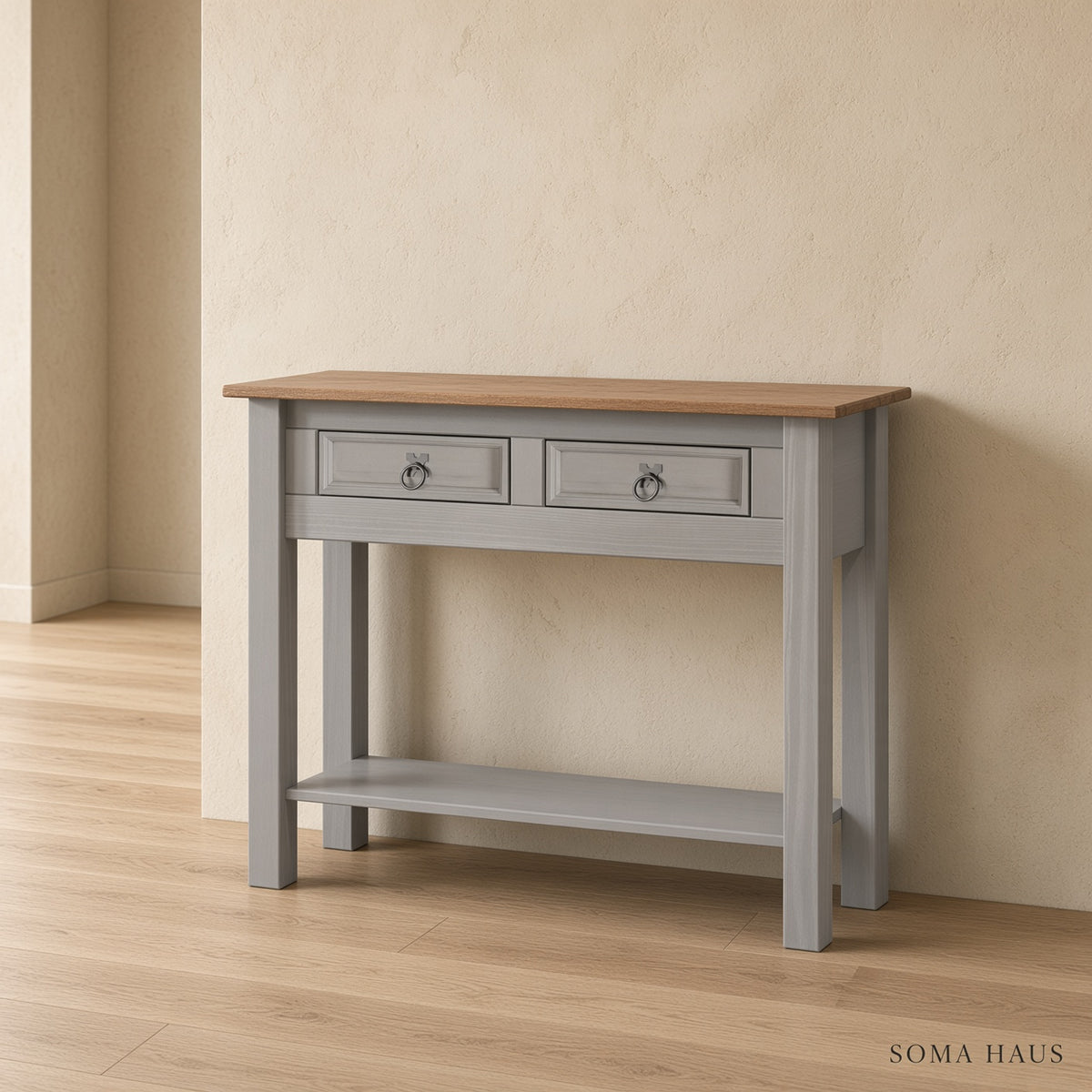 Soma Haus Console Table Grey Wax 2 Drawer