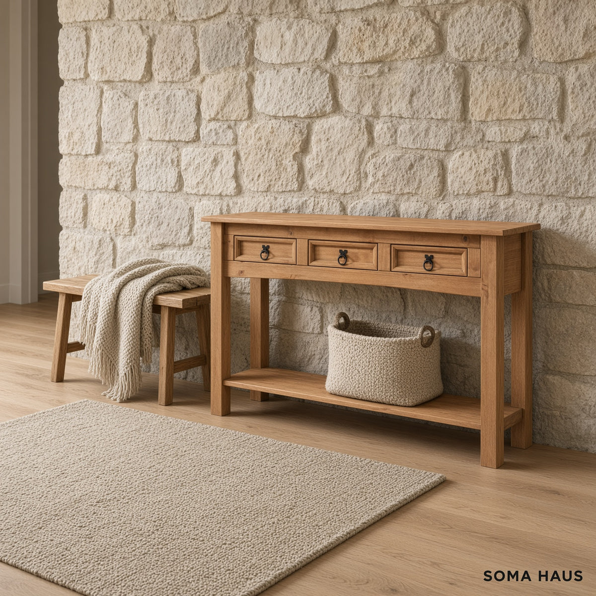 Soma Haus Console Table Natural Pine 3 Drawer