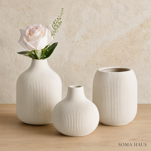 Soma Haus Beige Ribbed Ceramic Vases Set of 3