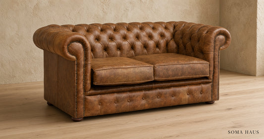 Soma Haus Cognac Leather Chesterfield Three Seater Sofa