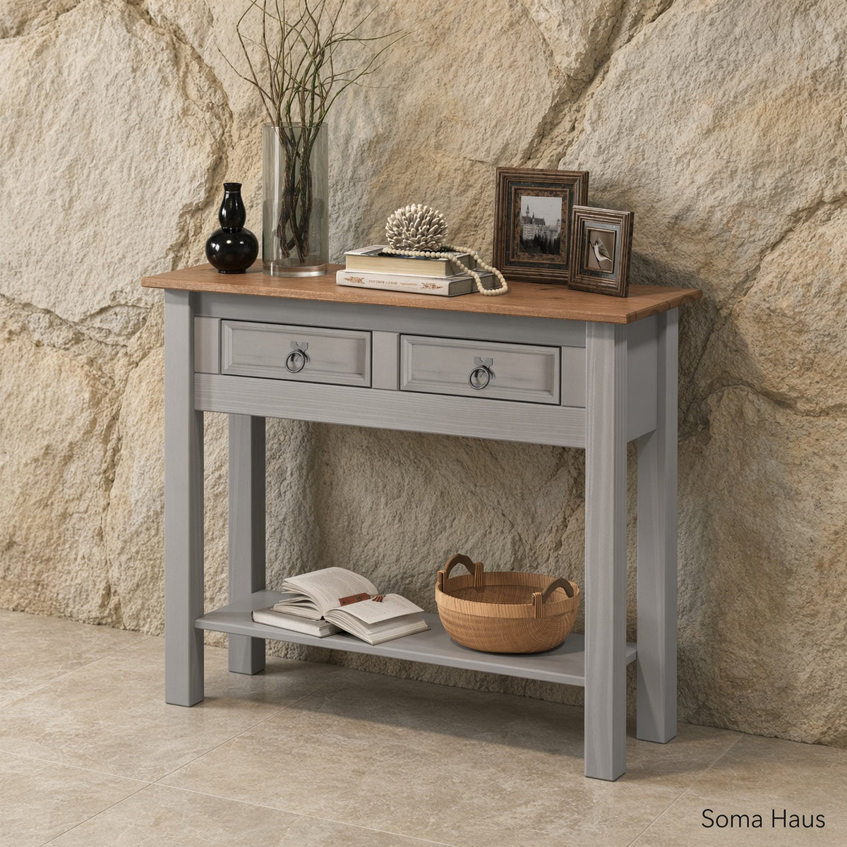 Soma Haus Console Table Grey Wax 2 Drawer