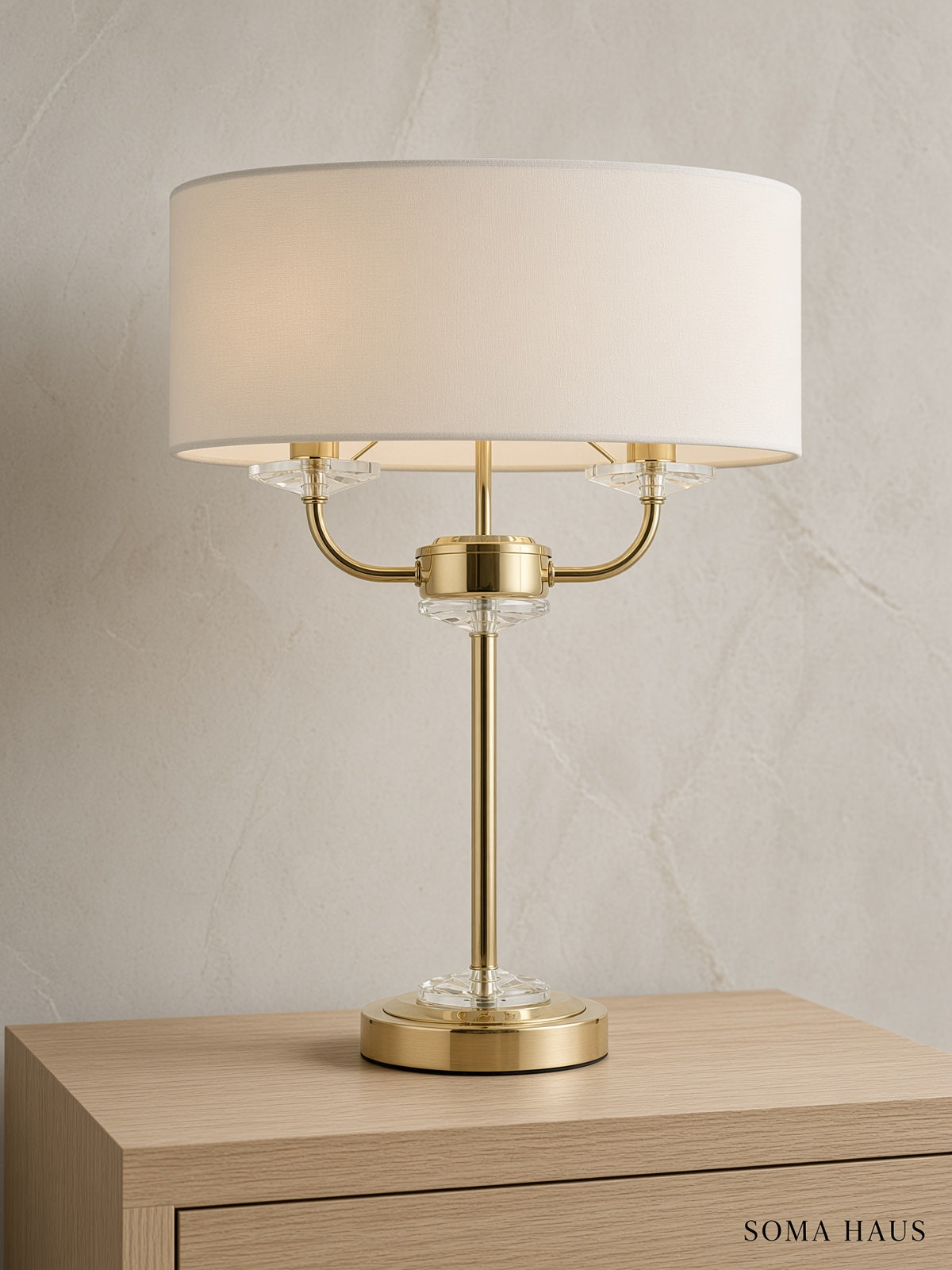 Soma Haus Brass Twin Arm Table Lamp with White Fabric Shades