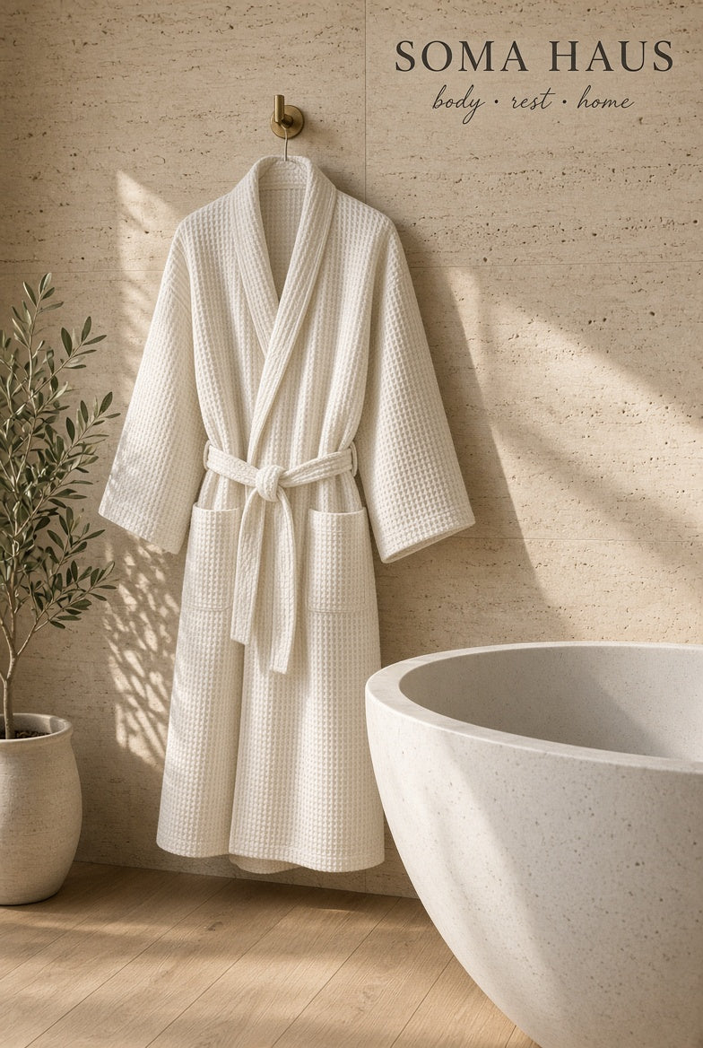 An off-white waffle-weave bathrobe hanging on a brass hook against a textured beige wall, with a white bathtub in the foreground and the brand name 'SOMA HAUS' printed in the upper right.