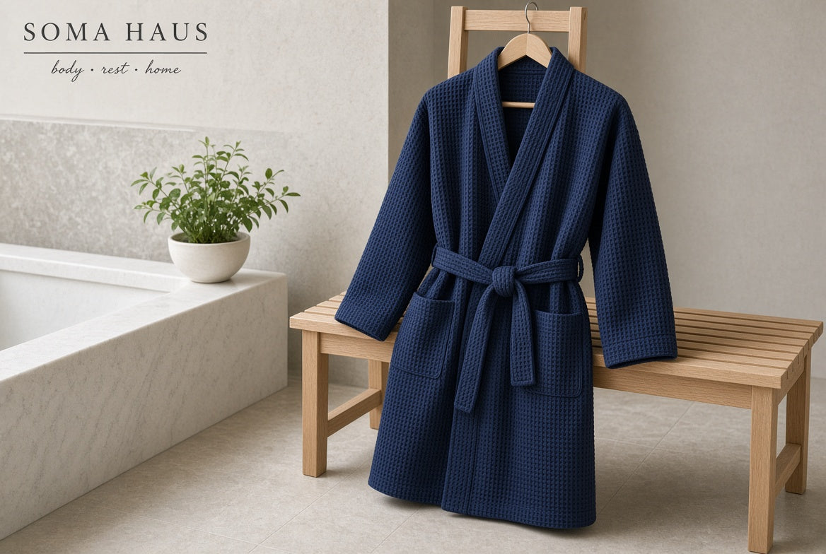A navy blue waffle-weave bathrobe hanging on a wooden hanger, styled on a light wood bench in a spa-like bathroom setting with a bathtub and potted plant. The brand name 'SOMA HAUS' is visible in the top left corner.