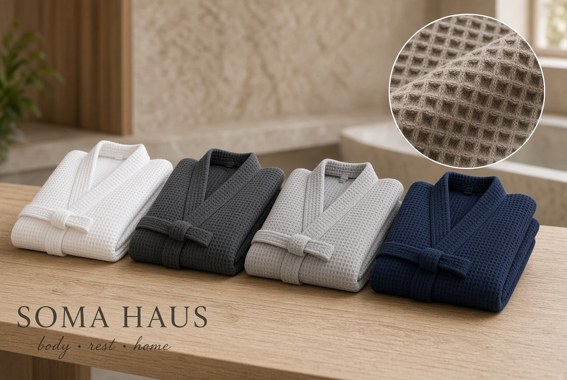 Four folded waffle-weave bath robes in white, charcoal gray, light gray, and navy blue are arranged on a wooden surface, with a circular inset showing a close-up of the waffle texture. The text 'SOMA HAUS body + rest + home' appears at the bottom left.