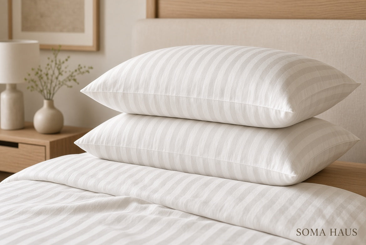 Two white striped pillows stacked on a bed with matching white striped bedding, in a softly lit bedroom setting. The brand name Soma Haus appears in the bottom right corner.