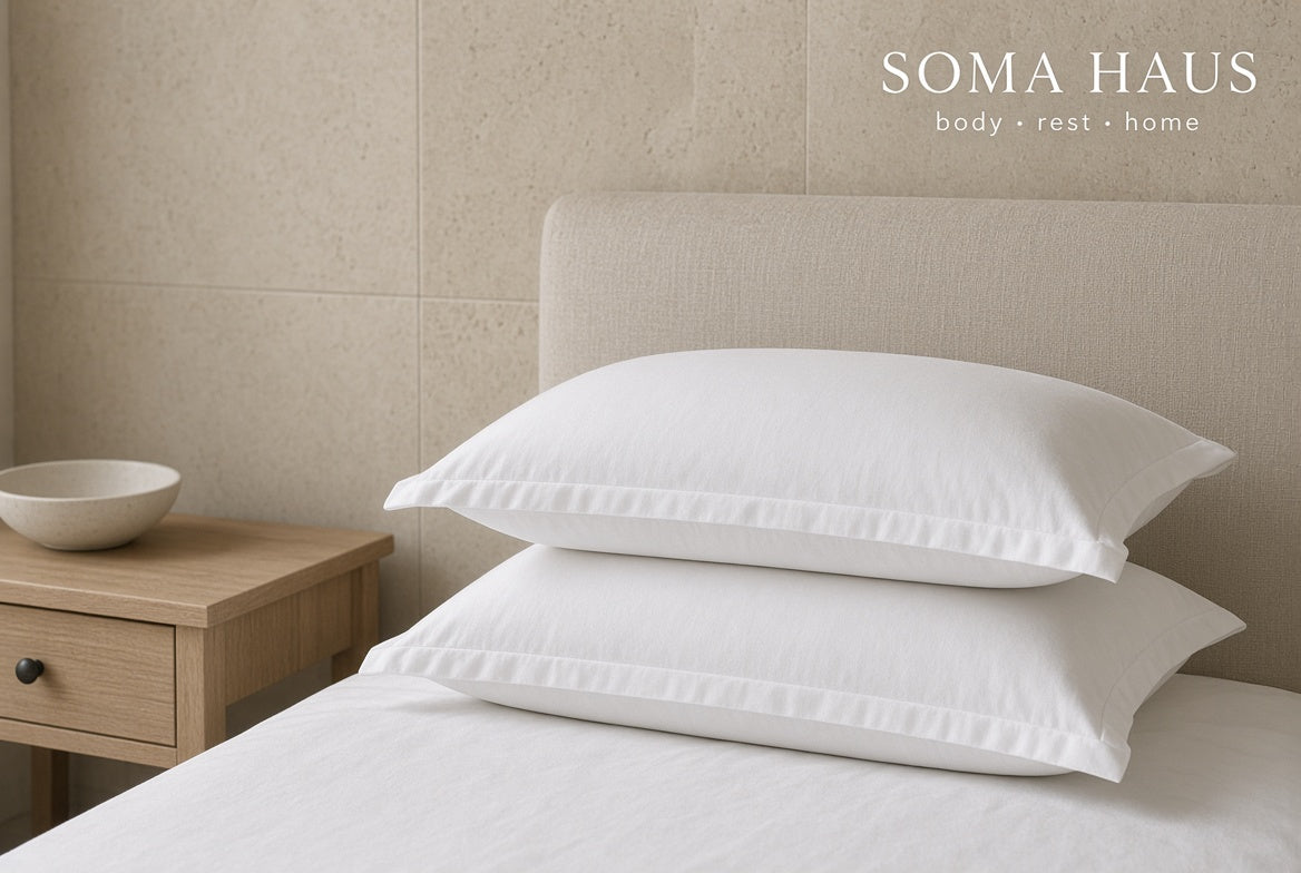 Two white Soma pillowcases stacked on a bed with white linens, set against a beige textured headboard and wall. The brand name 'SOMA HAUS' is visible in the top right corner.