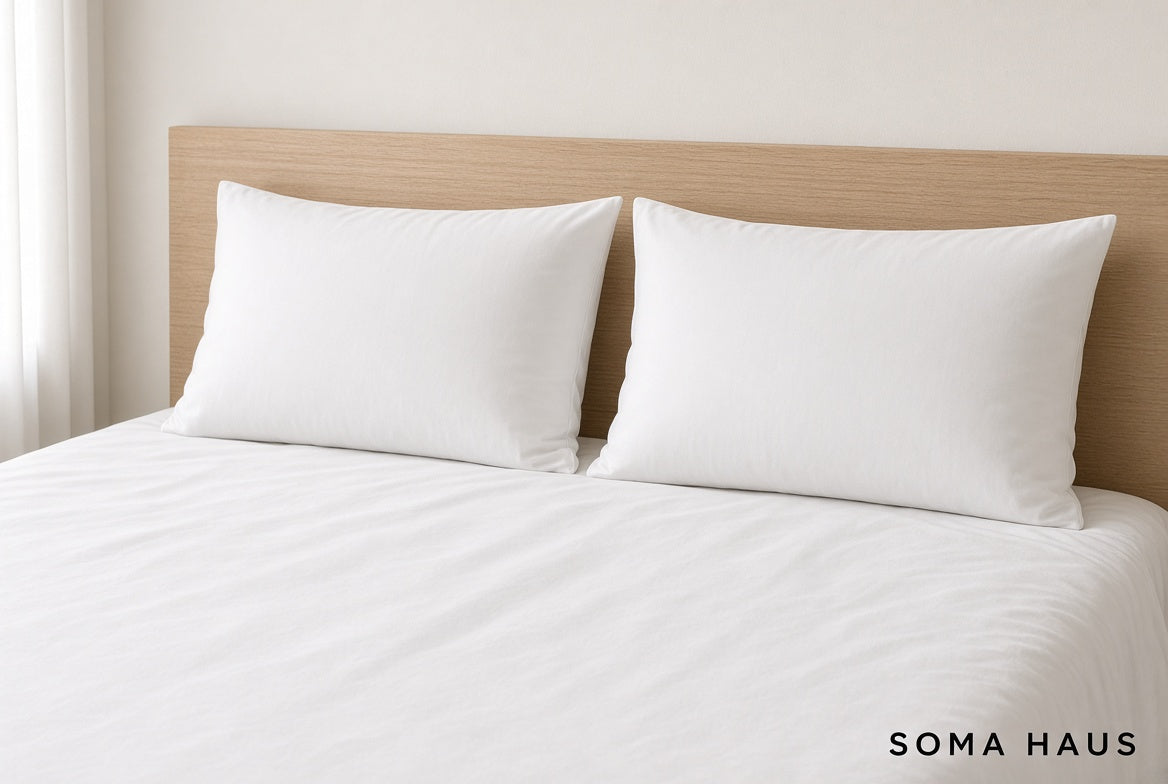 Two white pillows on a bed with white bedding and a light wood headboard, with the brand name Soma Haus in the bottom right corner.
