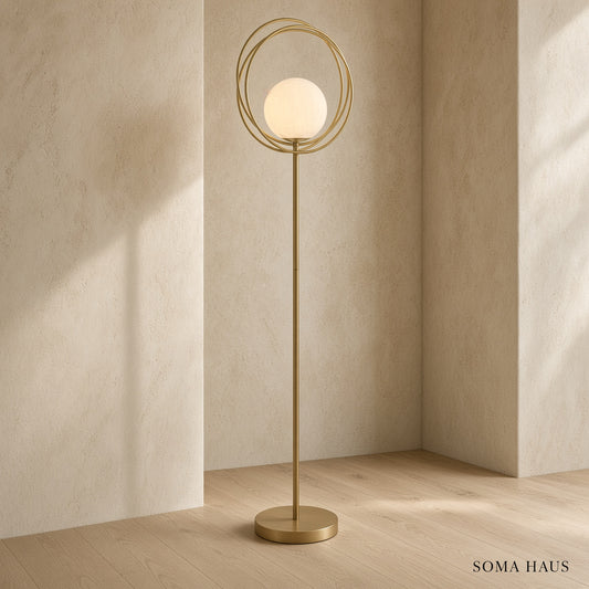Soma Haus Brushed Gold Floor Lamp with Opal Glass Sphere