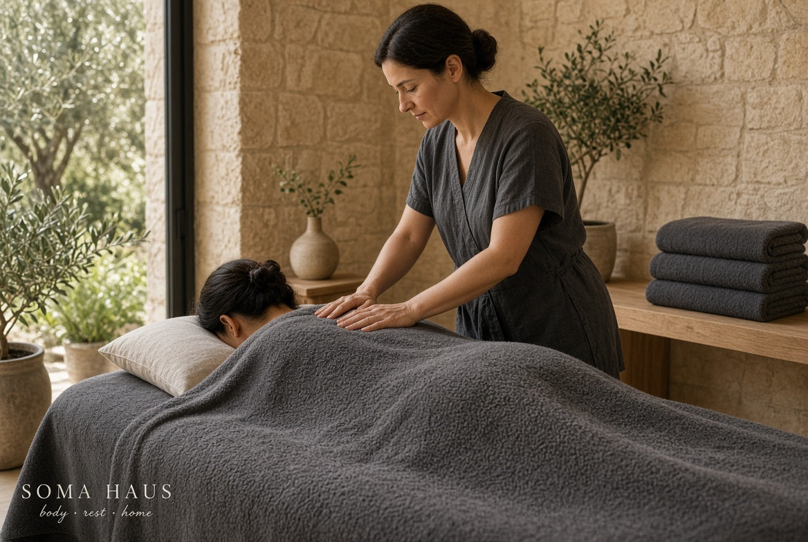A spa massage scene in a warm, rustic room with a woman receiving a massage on a bed covered with a dark gray towel, while another woman in a dark gray uniform massages her. The Soma Haus logo is visible in the bottom left corner.