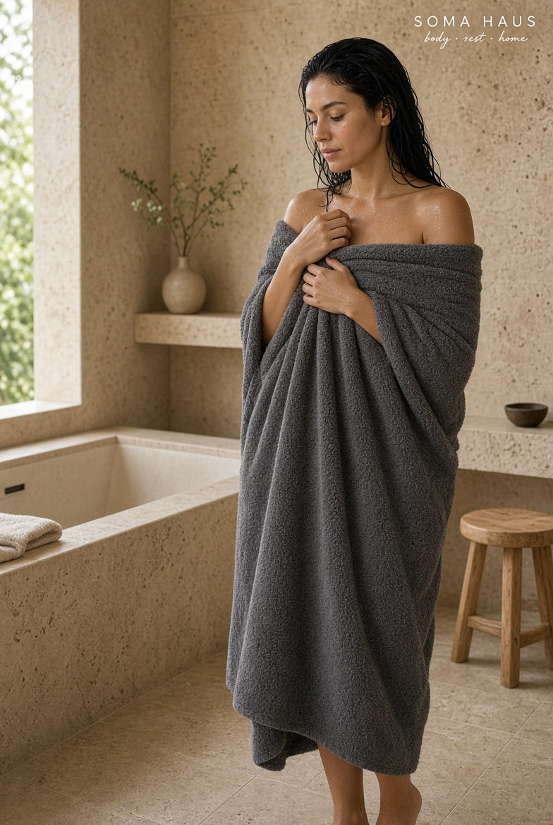 A woman wrapped in a dark gray terry cloth towel stands in a warm, beige-toned bathroom with a bathtub, shelf, and small wooden stool. The brand name 'SOMA HAUS' is visible in the top right corner.