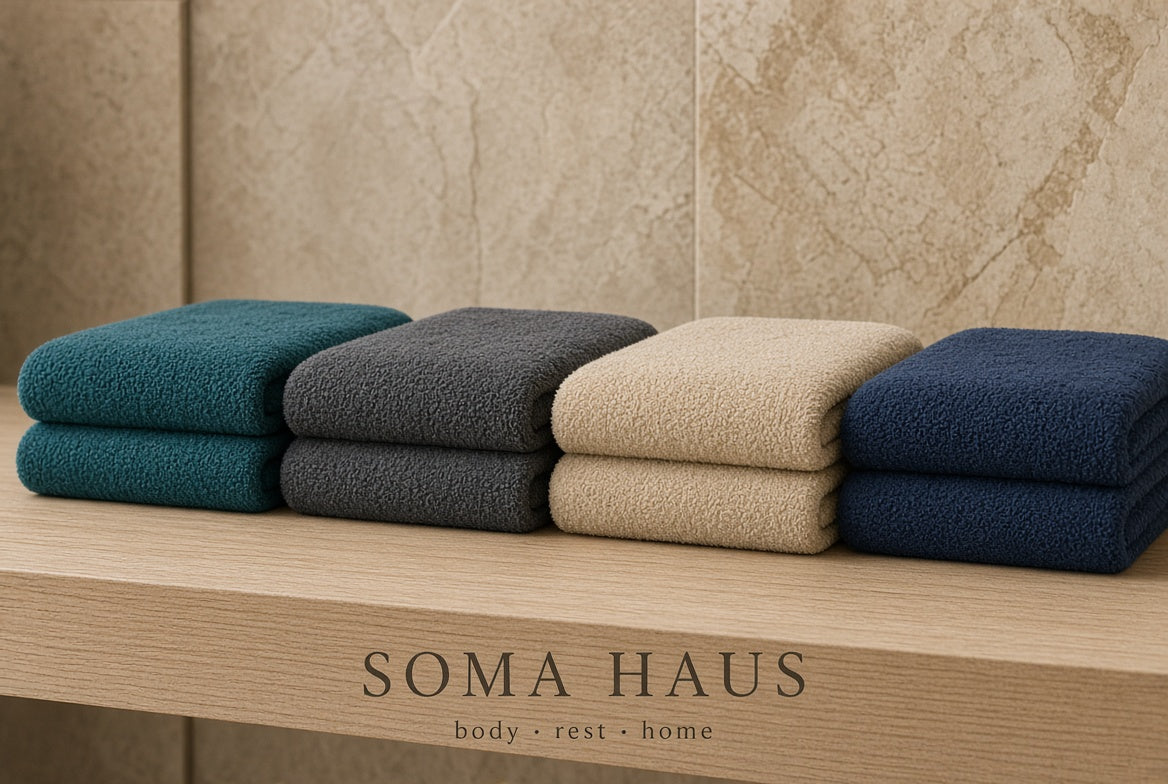 Four folded towels in teal, charcoal gray, cream, and navy blue are neatly stacked on a light wood shelf against a beige stone-tile wall. The brand name 'SOMA HAUS' is printed on the shelf below.