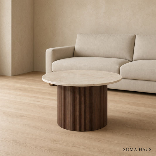 Soma Haus Penrose Round Walnut and Cream Marble Coffee Table