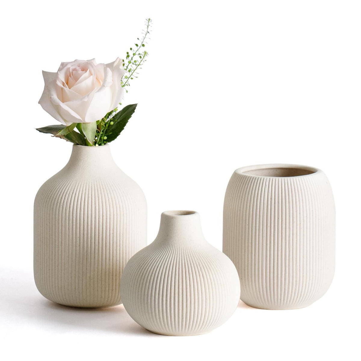 Soma Haus Beige Ribbed Ceramic Vases Set of 3