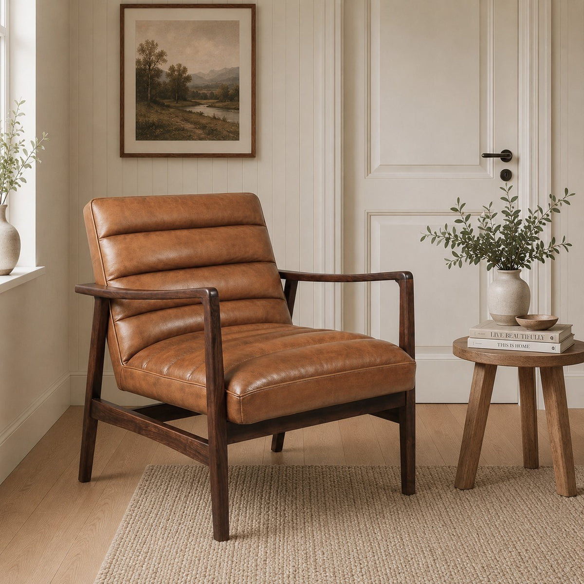 Soma Haus Cognac Genuine Leather Mid Century Armchair