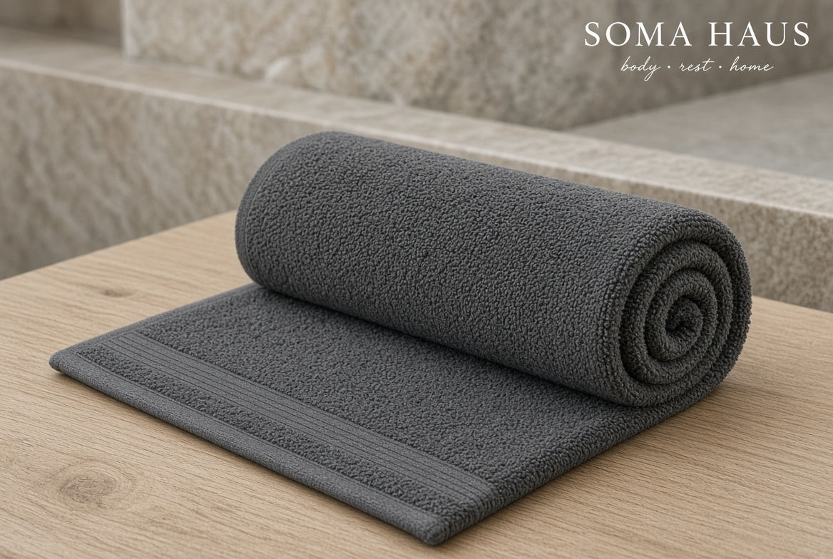 A dark gray textured bath towel, partially rolled, resting on a light wood surface with a stone wall in the background. The brand name 'SOMA HAUS' is visible in the top right corner.