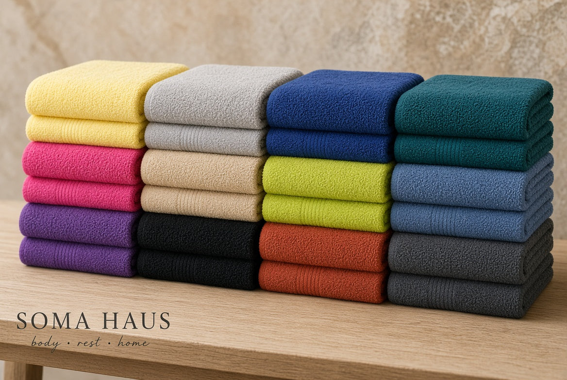 Eight stacks of folded towels in various colors, including yellow, gray, blue, green, pink, beige, black, orange, red, and dark gray, arranged on a light wood surface. The text 'SOMA HAUS' is visible in the bottom-left corner.