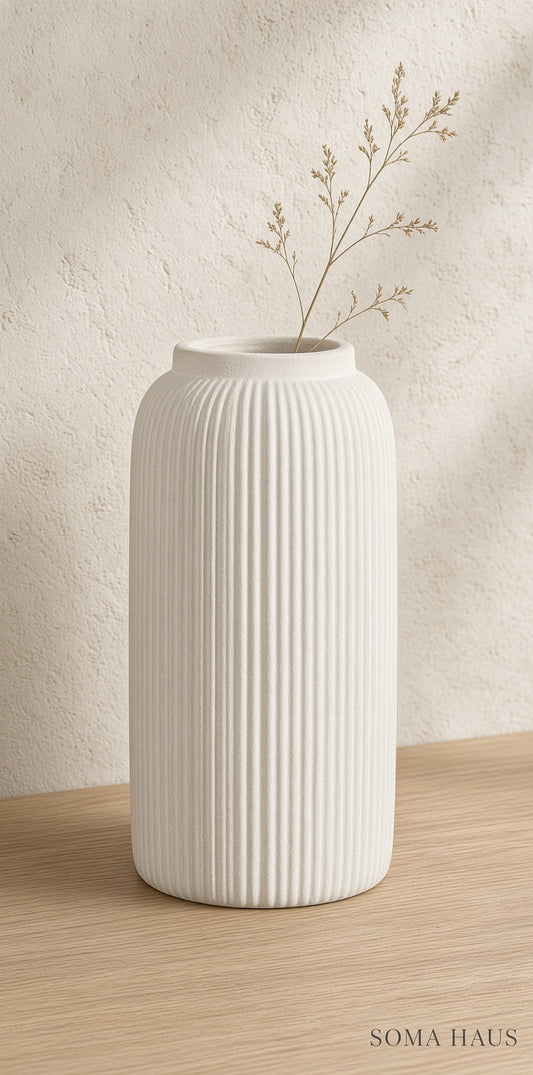 Soma Haus Cream Matt Ribbed Ceramic Vase